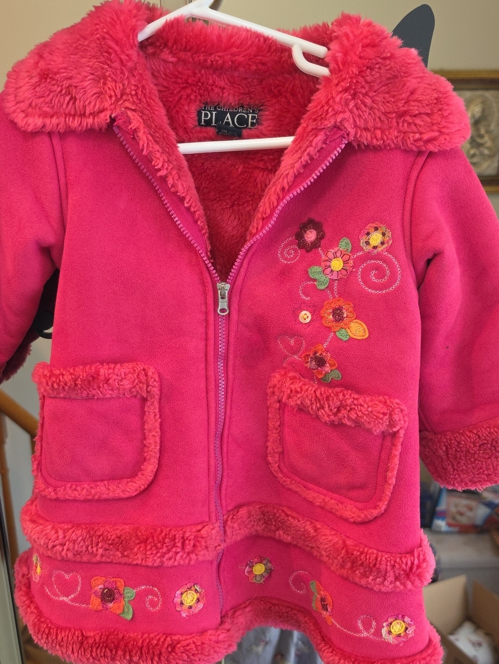 The Children's Place Bright Pink Faux-Fur Trim Floral Puffer Jacket